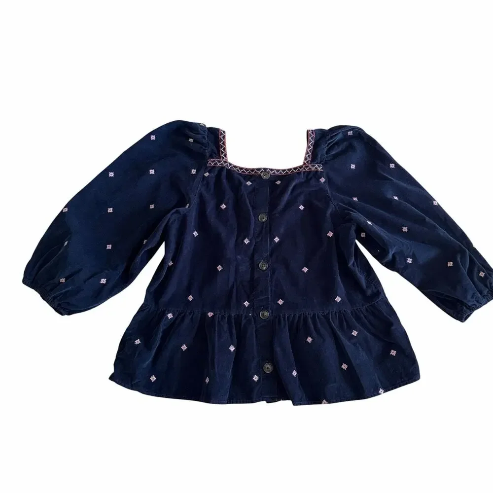 Madewell Embroidered Corduroy Button Back Peplum Top Navy Size L